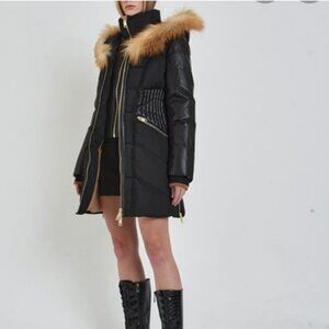 Courvechal Fox Fur-Trim Chevron Down Coat SizeM
